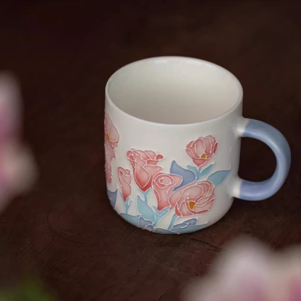Antique Japanese Pink Hand Painted Rose Of England Garden Of Splendor Ceramic Mug For Sale Antique Japanese Pink Hand Painted Rose Of England Garden Of Splendor Ceramic Mug For Sale