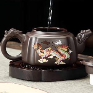 Yixing Purple Clay Color Changing Vintage Chinese Dragon And Phoenix Pattern Spout Square Gongfu Teapot Set