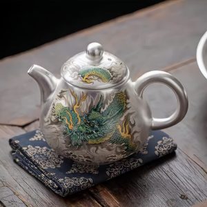 Silver Gilding Antique Chinese Blue Dragon Porcelain Pear-shaped Teapot And Tea Boat Set