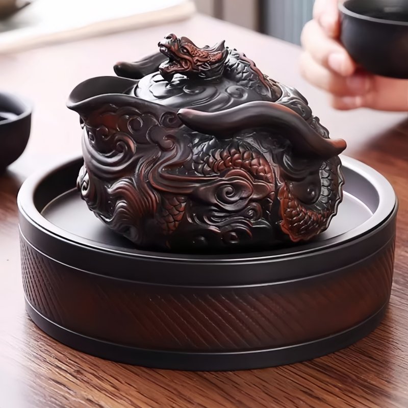 Purple Pottery Vintage Clutch Gongfu Tea Ceremony Teapot Set Relief Chinese Red Dragon Purple Pottery Vintage Clutch Gongfu Tea Ceremony Teapot Set Relief Chinese Red Dragon