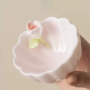 Unique Handmade Ceramic Chinese Blue And Pink Rose Shaped Master Tea Cup With Gift Box