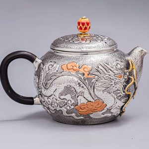 Antique Handcraft Enamel Color Pot Twist Silver Teapot With Relief Dragon And Phoenix Pattern