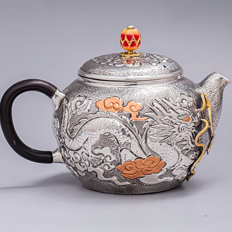 Antique Handcraft Enamel Color Pot Twist Silver Teapot With Relief Dragon And Phoenix Pattern Antique Handcraft Enamel Color Pot Twist Silver Teapot With Relief Dragon And Phoenix Pattern