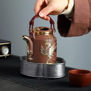 Large Capacity Antique Gold Inlaid Jade Dragon And Phoenix Pattern Lifting Beam Handle Purple Clay Teapot