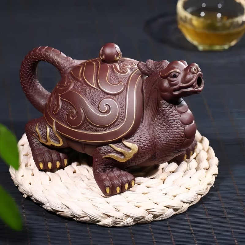Chinese Gilding Dragon Turtle Shaped Yixing Purple Clay Teapot With Unique Dragon Ball Twist Chinese Gilding Dragon Turtle Shaped Yixing Purple Clay Teapot With Unique Dragon Ball Twist