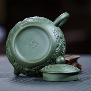 Chinese Vintage Yixing Handcraft Clay Green Auspicious Dragon Handmade Xishi Gongfu Teapot
