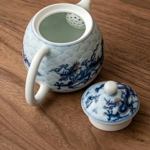 Vintage Chinese Gold And Silver Inlay Blue And White Porcelain Dragon Egg Shaped Teapot