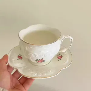 English Paragon White Porcelain Red Rose Tea Cup Set Of Fortune With Relief Rose Plant