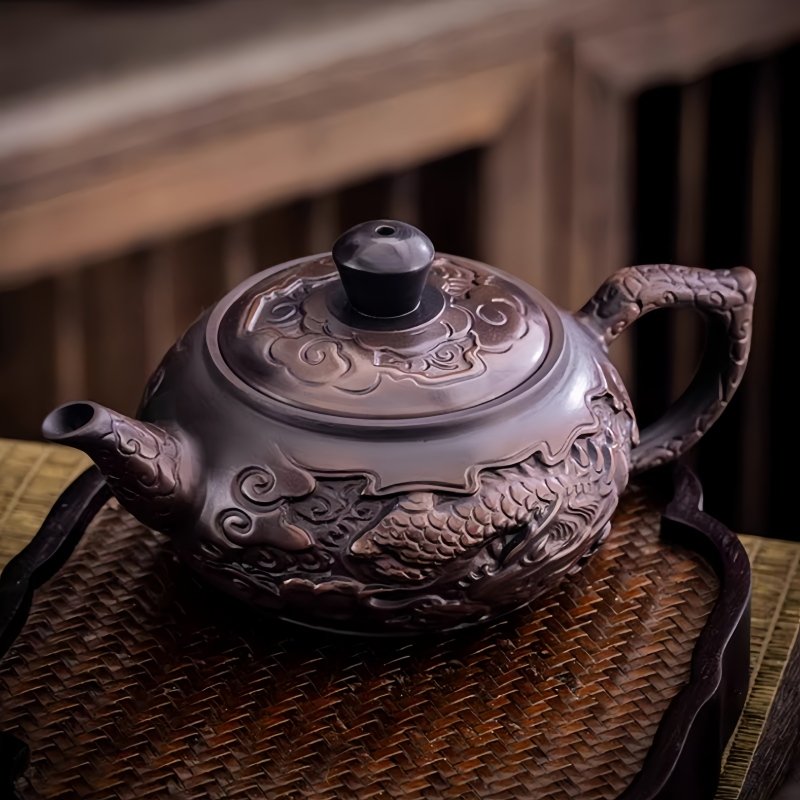 Vintage Purple Pottery Chinese Relief Auspicious Dragon Pattern Teapot With Strainer In Spout Vintage Purple Pottery Chinese Relief Auspicious Dragon Pattern Teapot With Strainer In Spout