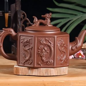 Chinese Large Capacity Black And Brown Yixing Clay Eight Sides Dragon Gongfu Teapot