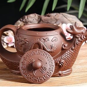 Chinese Yixing Black And Brown Clay Dragon Boat Shaped Gongfu Teapot With Strainer In Spout