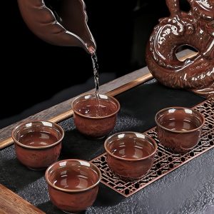 Ceramic Semi Automatic Lazy Kiln Change Red Chinese Dragon Phoenix Ware Tea Set Antique