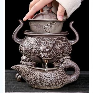 Grey Vintage Chinese Tripod Relief Dragon Head Ware Semi Automatic Ceramic Tea Set