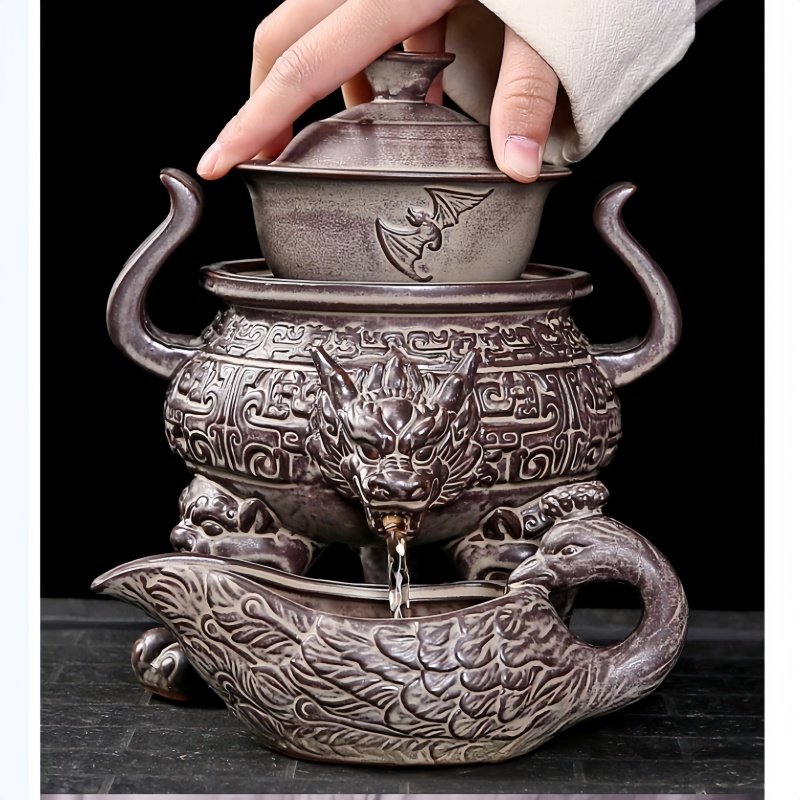 Grey Vintage Chinese Tripod Relief Dragon Head Ware Semi Automatic Ceramic Tea Set Grey Vintage Chinese Tripod Relief Dragon Head Ware Semi Automatic Ceramic Tea Set