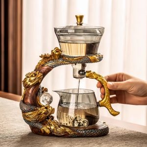 Golden And Grey Glass Vintage Automatic Lazy Tea Set With Stainless Steel Infuser