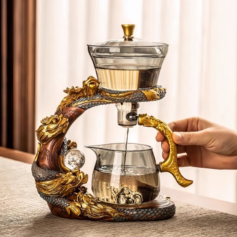 Golden And Grey Glass Vintage Automatic Lazy Tea Set With Stainless Steel Infuser Golden And Grey Glass Vintage Automatic Lazy Tea Set With Stainless Steel Infuser
