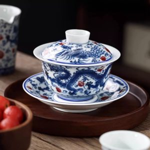 Vintage Chinese Blue And White Porcelain Dragon Phoenix Gongfu Tea Cup Set For Sale