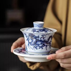 Year Of The Dragon Tea Set With Blue And White Porcelain Dragons Pattern