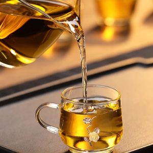 Antique Chinese Handmade Clear Glass Gongfu Tea Cup Silver Yellow Roses With Gift Box