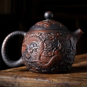 Vintage Black Clay Pottery Relief Chinese Teavana Imperial Dragon Egg Yixing Handmade Teapot
