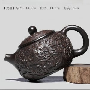 Vintage Chinese Handmade Black Gold Sand Clay Relief Dragon Pattern Teapot