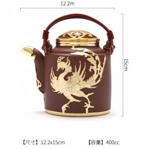 Large Capacity Antique Gold Inlaid Jade Dragon And Phoenix Pattern Lifting Beam Handle Purple Clay Teapot