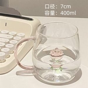 Clear Class Pink Rose Cup Of Tea With Unique Stereoscopic Desert Rose Flower Mug