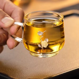 Antique Chinese Handmade Clear Glass Gongfu Tea Cup Silver Yellow Roses With Gift Box