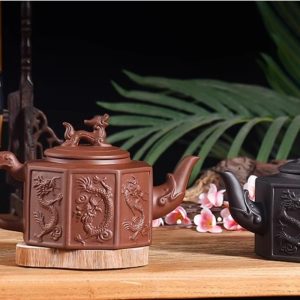Chinese Large Capacity Black And Brown Yixing Clay Eight Sides Dragon Gongfu Teapot