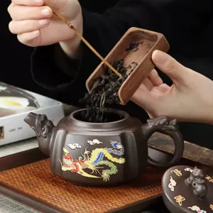Yixing Purple Clay Color Changing Vintage Chinese Dragon And Phoenix Pattern Spout Square Gongfu Teapot Set