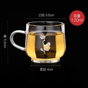 Antique Chinese Handmade Clear Glass Gongfu Tea Cup Silver Yellow Roses With Gift Box
