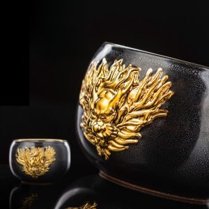 Ceramic Year Of The Dragon Gold Rim Tenmoku Glaze Jianzhan Tea Cup With Gilded Dragon Head Figurine