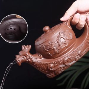 Chinese Yixing Black And Brown Clay Dragon Boat Shaped Gongfu Teapot With Strainer In Spout