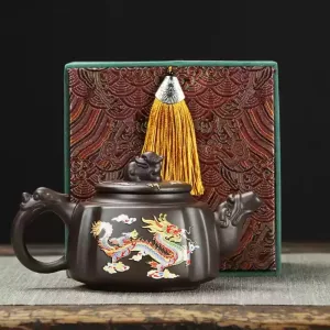 Yixing Purple Clay Color Changing Vintage Chinese Dragon And Phoenix Pattern Spout Square Gongfu Teapot Set