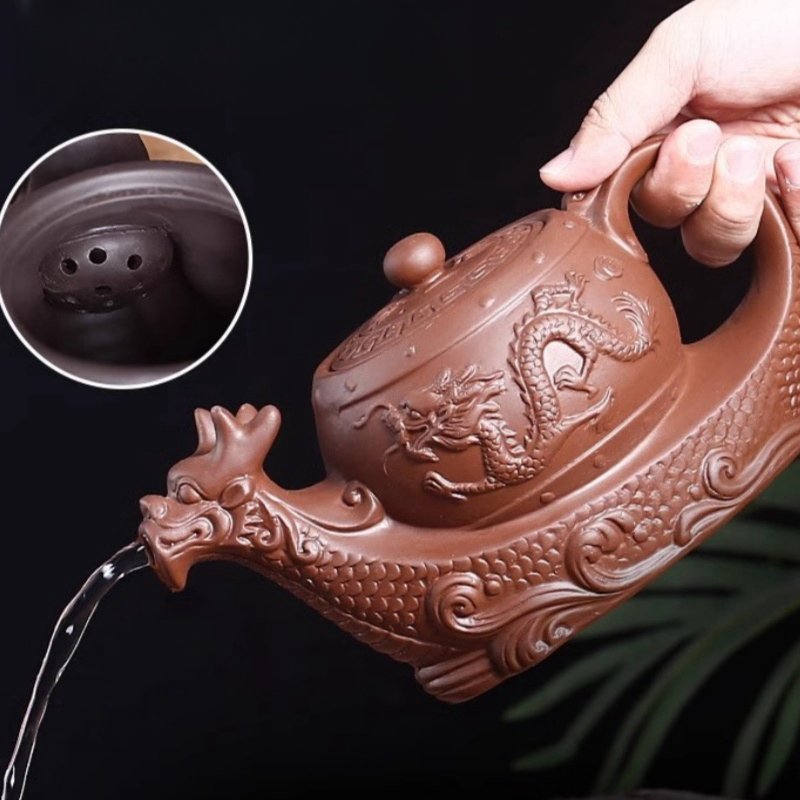Chinese Yixing Black And Brown Clay Dragon Boat Shaped Gongfu Teapot With Strainer In Spout Chinese Yixing Black And Brown Clay Dragon Boat Shaped Gongfu Teapot With Strainer In Spout