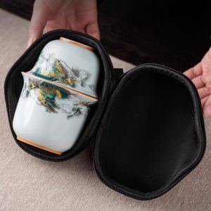 Ceramic Antique Green Dragon Theme Travel Tea Kit Set With Portable Bag