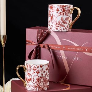 Vintage Handmade  Red Rose Of Fine England Bone China Gold Rim Tea Cups Mugs