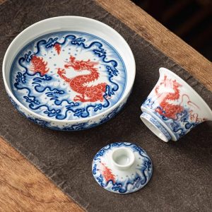 Traditional Chinese Antique Blue And White Porcelain Wave Tea Set