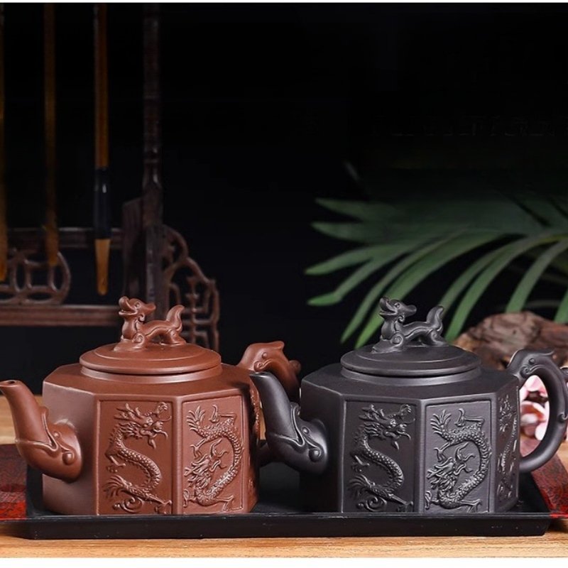 Chinese Large Capacity Black And Brown Yixing Clay Eight Sides Dragon Gongfu Teapot Chinese Large Capacity Black And Brown Yixing Clay Eight Sides Dragon Gongfu Teapot
