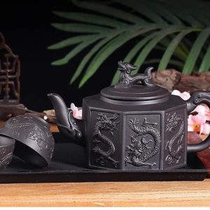 Chinese Large Capacity Black And Brown Yixing Clay Eight Sides Dragon Gongfu Teapot