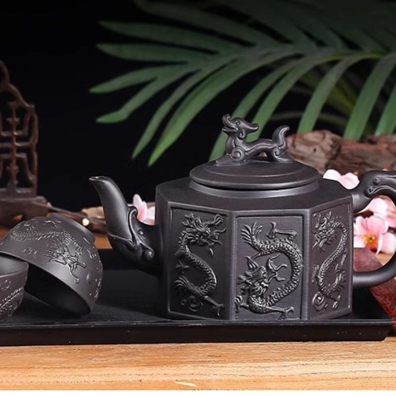 Chinese Large Capacity Black And Brown Yixing Clay Eight Sides Dragon Gongfu Teapot Chinese Large Capacity Black And Brown Yixing Clay Eight Sides Dragon Gongfu Teapot