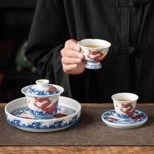 Traditional Chinese Antique Blue And White Porcelain Wave Tea Set