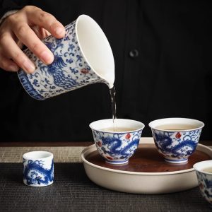 Vintage Chinese Blue And White Porcelain Dragon Phoenix Gongfu Tea Cup Set For Sale