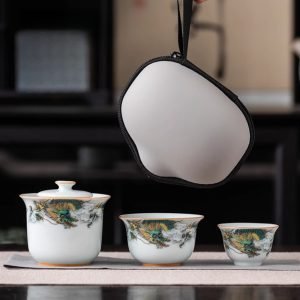 Ceramic Antique Green Dragon Theme Travel Tea Kit Set With Portable Bag