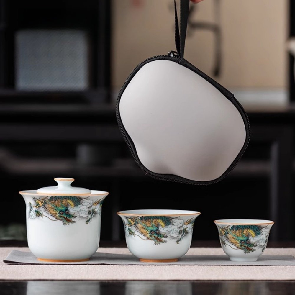 Ceramic Antique Green Dragon Theme Travel Tea Kit Set With Portable Bag Ceramic Antique Green Dragon Theme Travel Tea Kit Set With Portable Bag