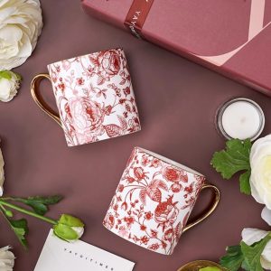 Vintage Handmade  Red Rose Of Fine England Bone China Gold Rim Tea Cups Mugs