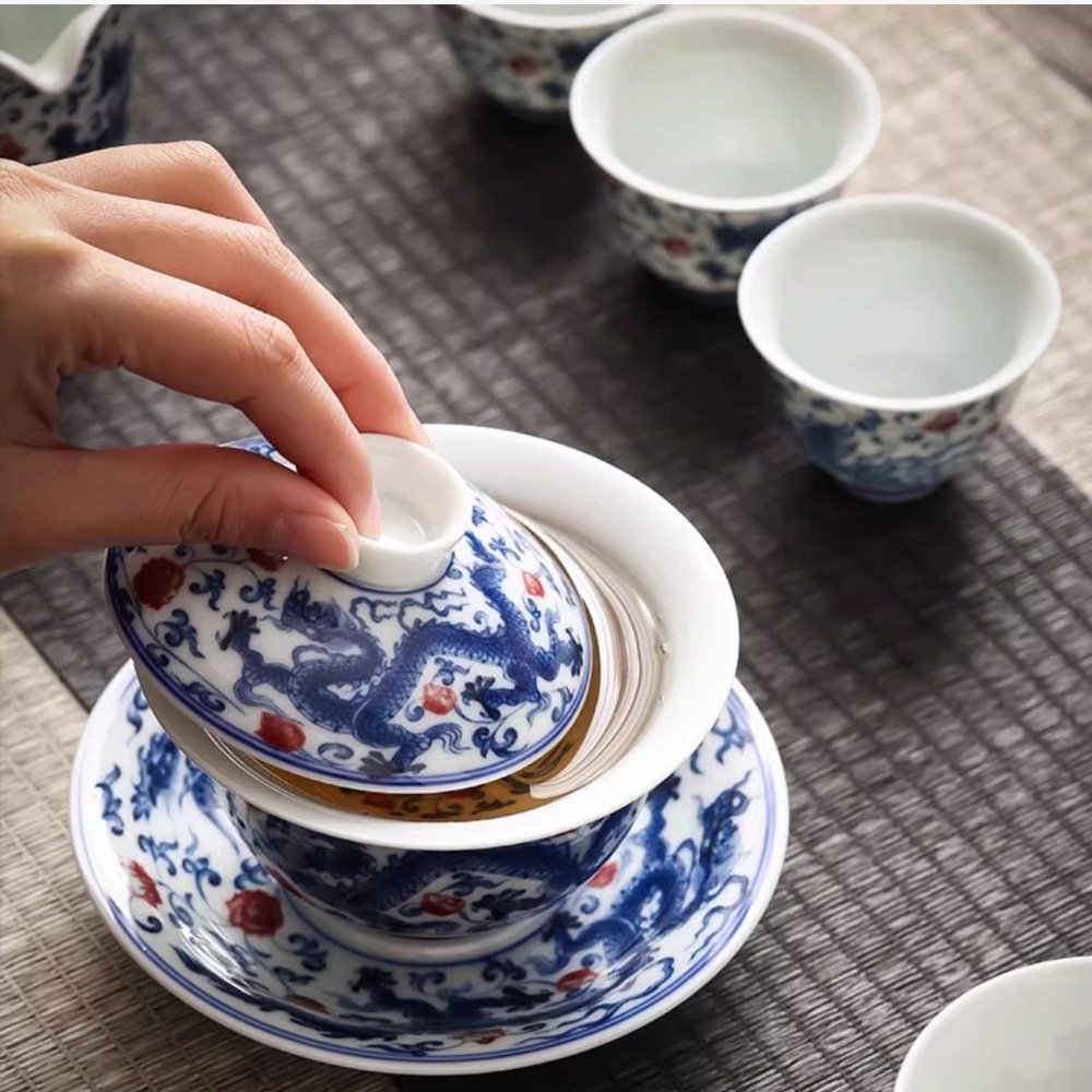 Vintage Chinese Blue And White Porcelain Dragon Phoenix Gongfu Tea Cup Set For Sale Vintage Chinese Blue And White Porcelain Dragon Phoenix Gongfu Tea Cup Set For Sale