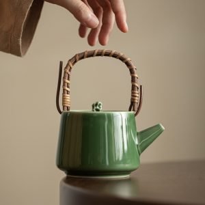 Antique Celadon Glaze Japanese Porcelain Teapot With Weave Bamboo Handle