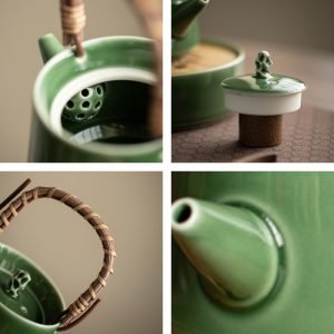 Antique Celadon Glaze Japanese Porcelain Teapot With Weave Bamboo Handle