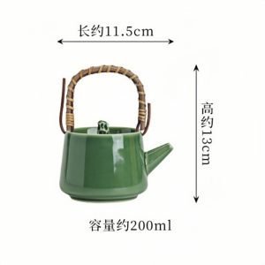 Antique Celadon Glaze Japanese Porcelain Teapot With Weave Bamboo Handle